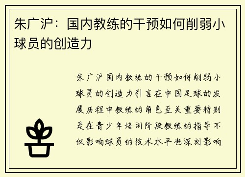 朱广沪：国内教练的干预如何削弱小球员的创造力
