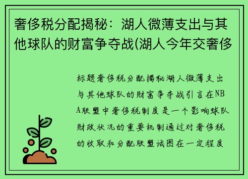奢侈税分配揭秘：湖人微薄支出与其他球队的财富争夺战(湖人今年交奢侈税了吗)