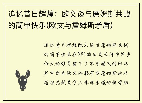 追忆昔日辉煌：欧文谈与詹姆斯共战的简单快乐(欧文与詹姆斯矛盾)