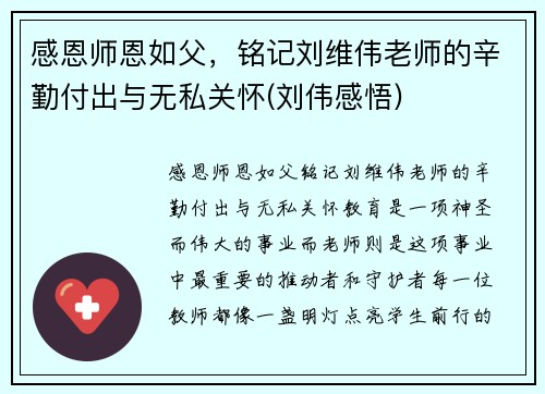 感恩师恩如父，铭记刘维伟老师的辛勤付出与无私关怀(刘伟感悟)