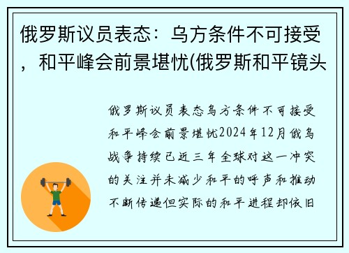 俄罗斯议员表态：乌方条件不可接受，和平峰会前景堪忧(俄罗斯和平镜头)