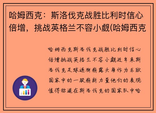 哈姆西克：斯洛伐克战胜比利时信心倍增，挑战英格兰不容小觑(哈姆西克简介)