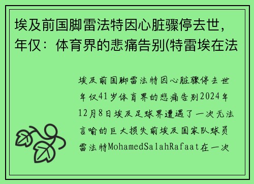 埃及前国脚雷法特因心脏骤停去世，年仅：体育界的悲痛告别(特雷埃在法国什么位置)