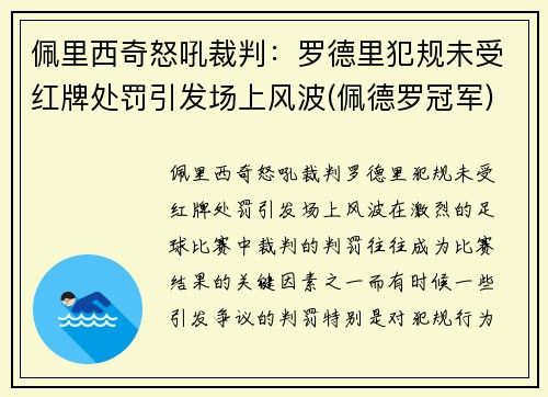 佩里西奇怒吼裁判：罗德里犯规未受红牌处罚引发场上风波(佩德罗冠军)
