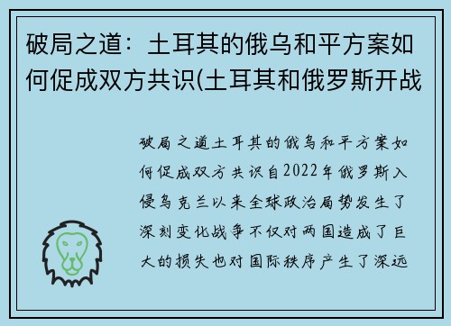 破局之道：土耳其的俄乌和平方案如何促成双方共识(土耳其和俄罗斯开战)