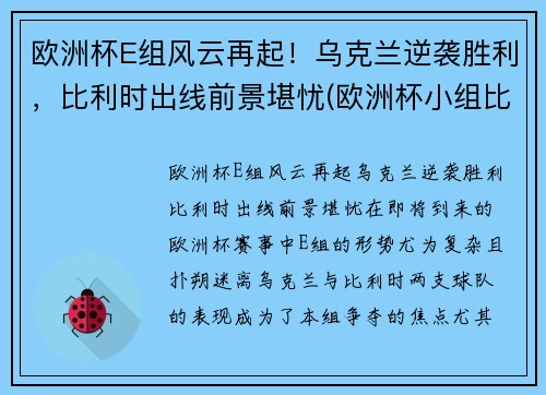欧洲杯E组风云再起！乌克兰逆袭胜利，比利时出线前景堪忧(欧洲杯小组比利时)