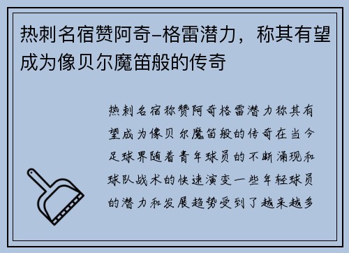 热刺名宿赞阿奇-格雷潜力，称其有望成为像贝尔魔笛般的传奇
