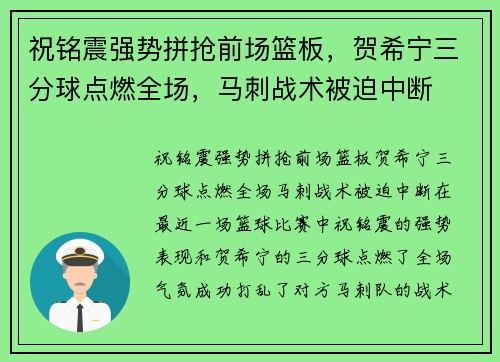 祝铭震强势拼抢前场篮板，贺希宁三分球点燃全场，马刺战术被迫中断