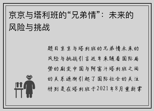 京京与塔利班的“兄弟情”：未来的风险与挑战