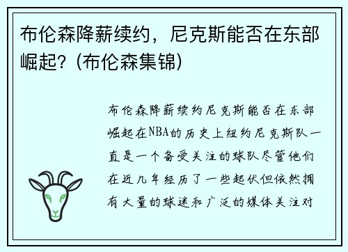 布伦森降薪续约，尼克斯能否在东部崛起？(布伦森集锦)