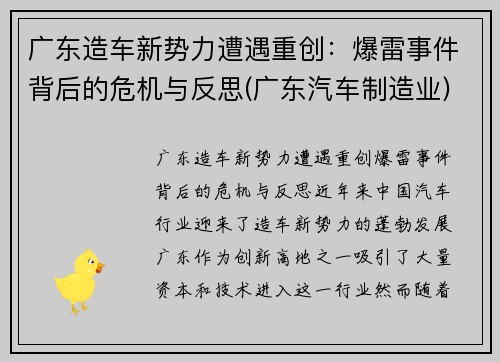 广东造车新势力遭遇重创：爆雷事件背后的危机与反思(广东汽车制造业)