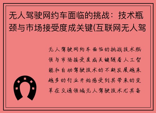 无人驾驶网约车面临的挑战：技术瓶颈与市场接受度成关键(互联网无人驾驶)